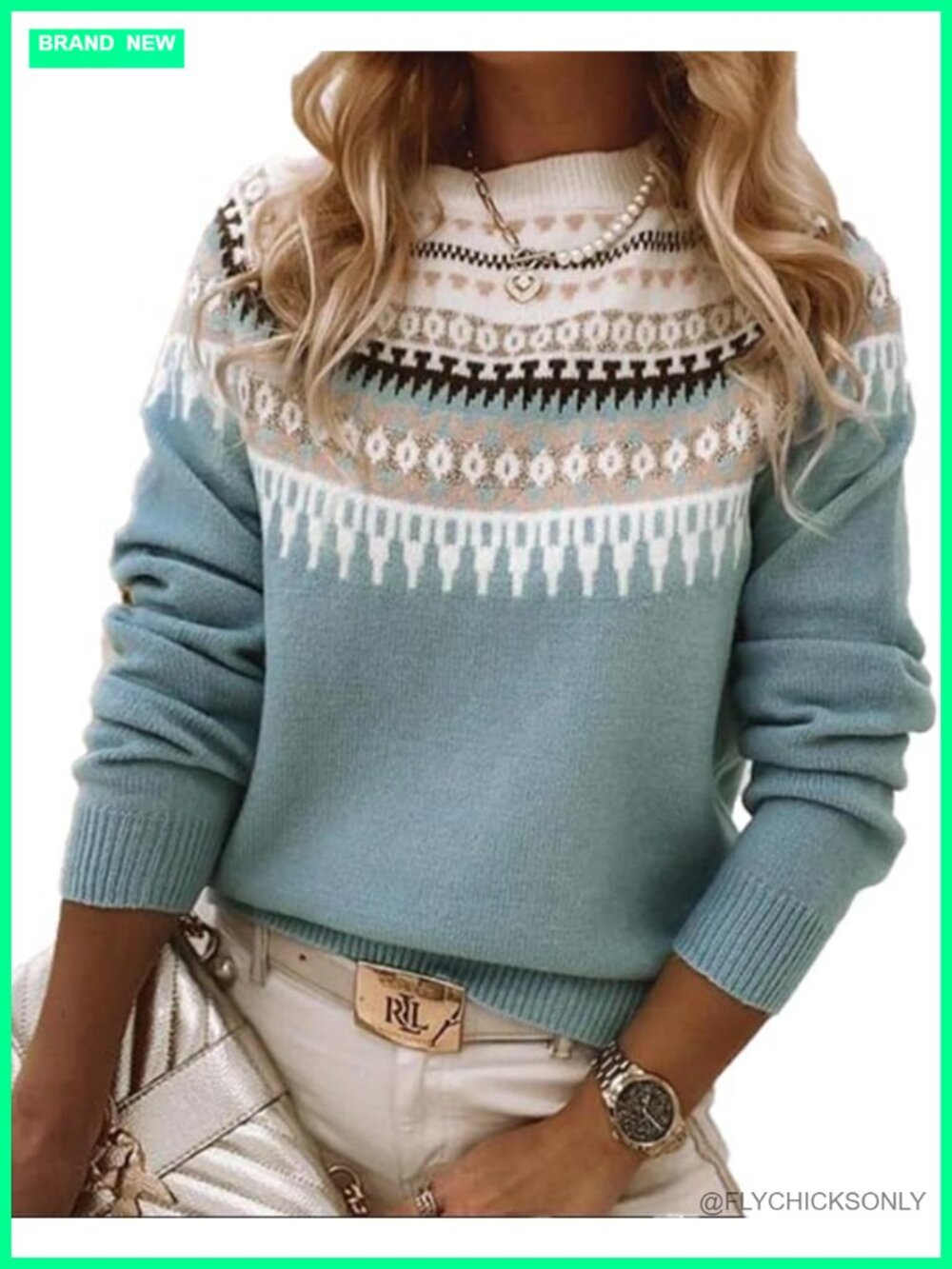 Fair Isle Knit Pullover Sweater Crew Neck Long Sleeve Ribbed Trim